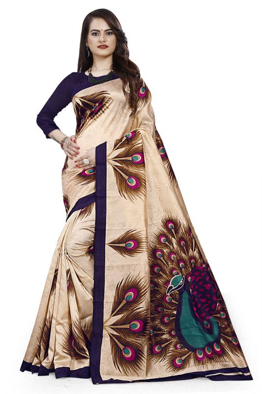 Printed Fashion Art Silk Saree  (Beige)