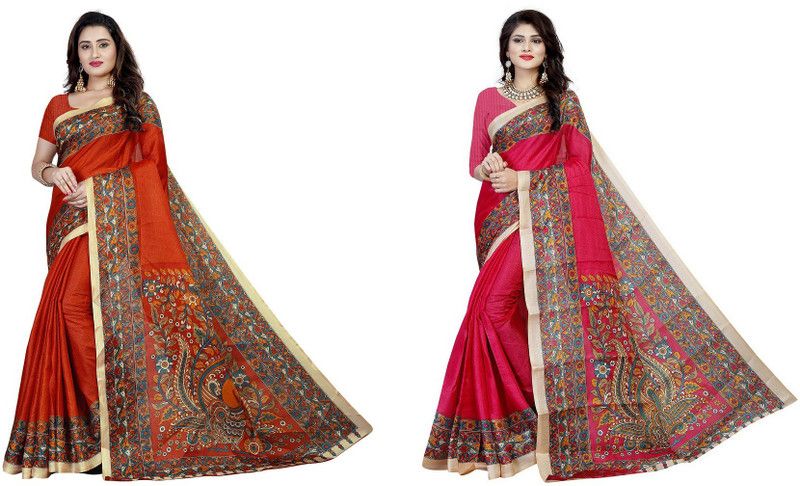 Printed Kalamkari Pure Silk Saree  (Pack of 2, Pink, Orange)