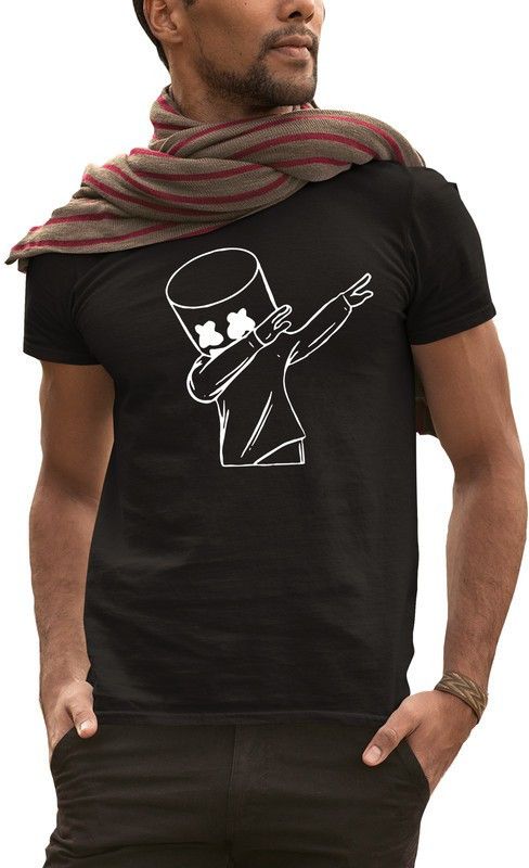 Marshmello2-HF4-B-XL Men Printed Round Neck Pure Cotton Black T-Shirt