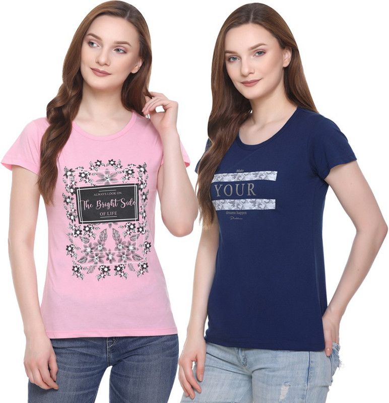 Pack of 2 Women Graphic Print, Typography Round Neck Cotton Blend Blue, Pink T-Shirt