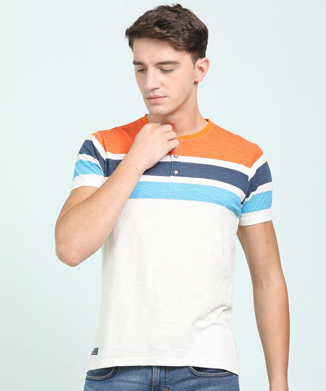 Men Striped Henley Neck Pure Cotton Multicolor T-Shirt