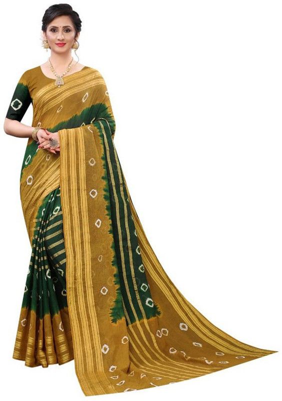 Printed Bandhani Cotton Blend, Art Silk Saree  (Dark Green)