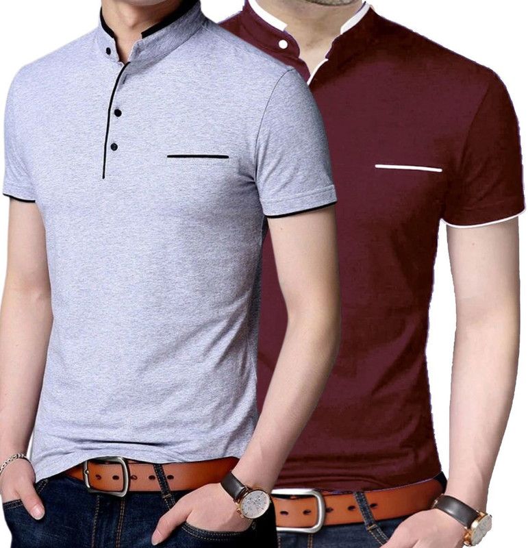 Pack of 2 Men Solid Mandarin Collar Cotton Blend Maroon, Grey T-Shirt