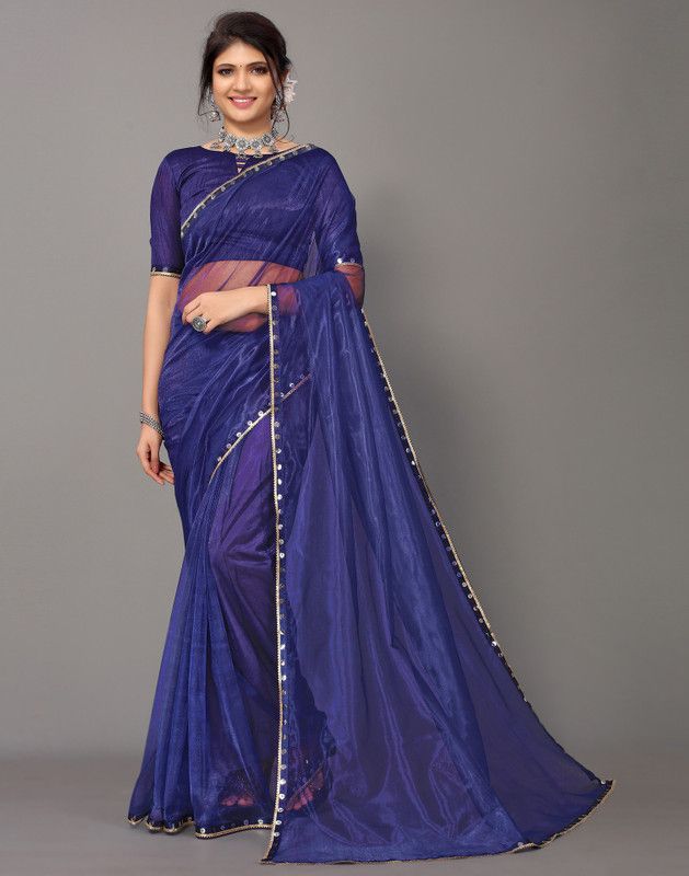 Embroidered, Embellished, Solid/Plain Bollywood Organza Saree  (Dark Blue)
