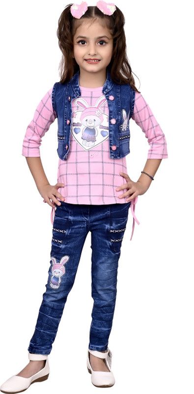 Girls Casual T-shirt Jeans  (Pink)