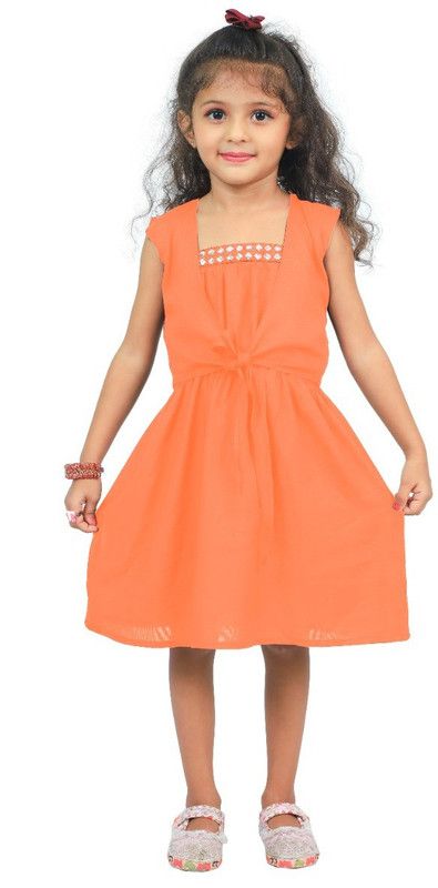 Hulk Girls Above Knee Festive/Wedding Dress  (Orange, Sleeveless)