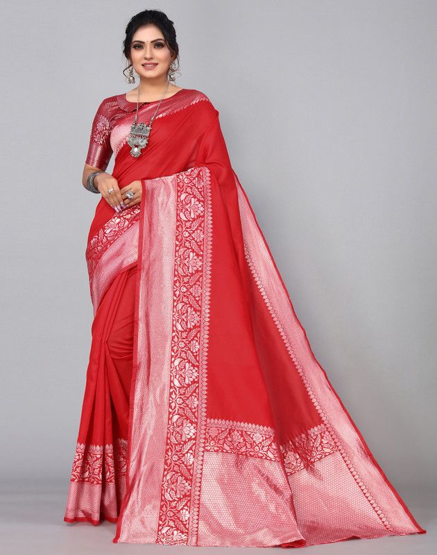 Embellished, Woven Konrad Jacquard, Silk Blend Saree  (Red)