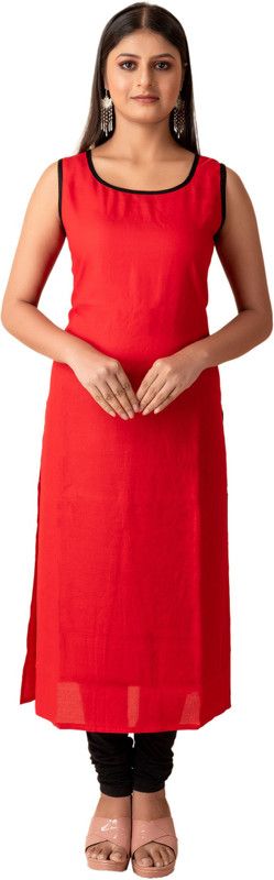 Women Solid Viscose Rayon Straight Kurta  (Red, Black)