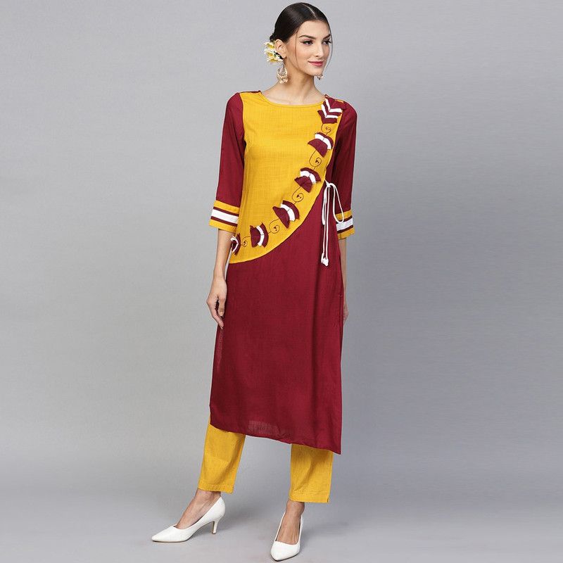 Women Colorblock Viscose Rayon Straight Kurta  (Maroon)