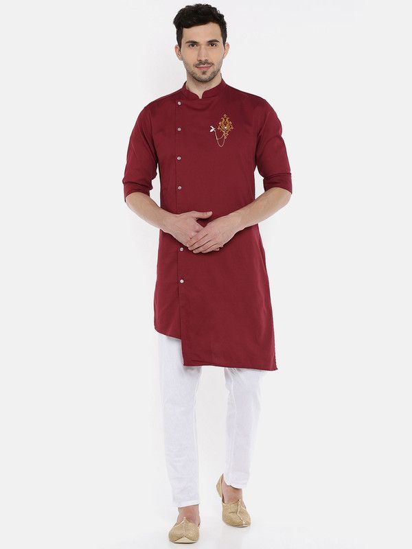 Men Self Design Pure Cotton Asymmetric Kurta  (Maroon)