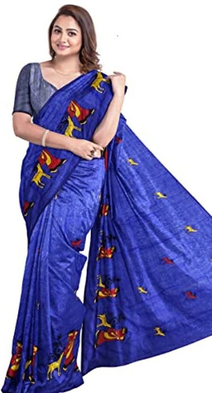 Printed Handloom Silk Blend Saree  (Blue)