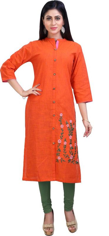 Women Embroidered Cotton Linen Frontslit Kurta  (Orange)