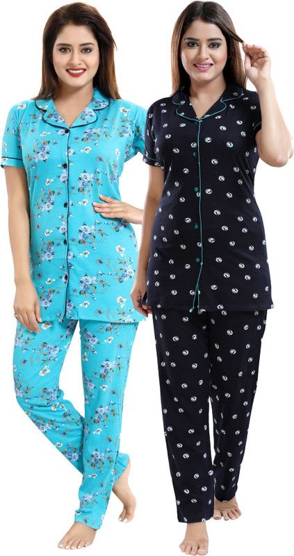 Women Shirt & Pyjama set Blue, Black Printed