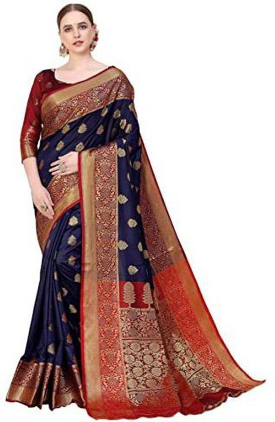 Self Design Mysore Jacquard Saree  (Dark Blue)
