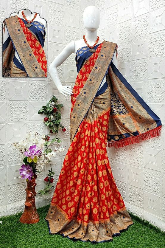 Digital Print Kanjivaram Cotton Silk Saree  (Orange)