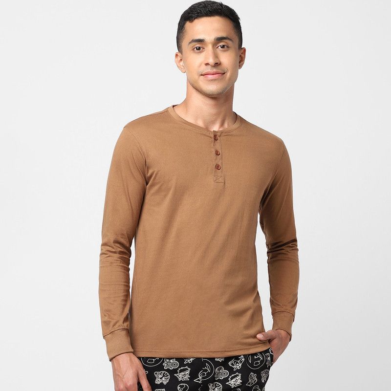 Men Solid Henley Neck Pure Cotton Orange T-Shirt