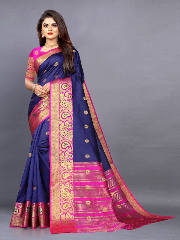 Woven Kanjivaram Jacquard, Cotton Silk Saree  (Gold, Blue, Pink)