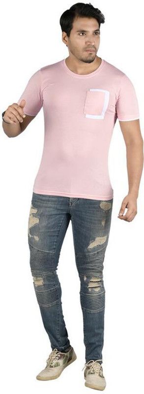 Men Colorblock Round Neck Poly Cotton Pink T-Shirt