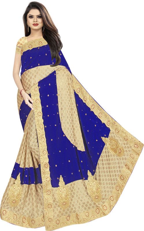 Embroidered Bollywood Velvet, Lycra Blend Saree  (Light Blue)