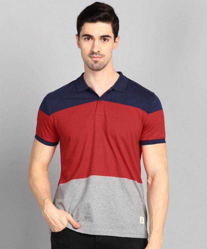 Men Striped Polo Neck Pure Cotton Red, Blue T-Shirt