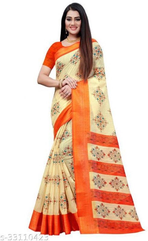 Daily Wear Cotton Blend Saree  (Orange, Beige)