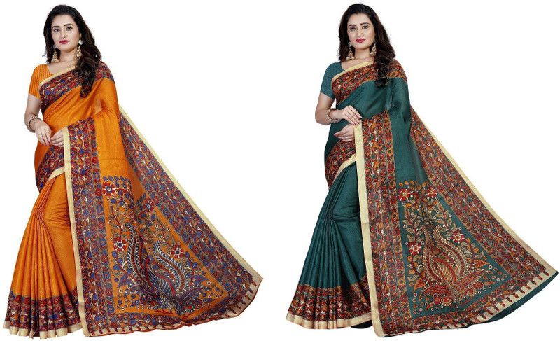 Printed Fashion Cotton Silk Saree  (Pack of 2, Dark Green, Orange)