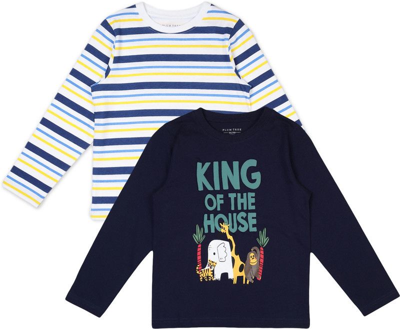 Boys Printed, Striped Pure Cotton T Shirt  (Multicolor, Pack of 2)