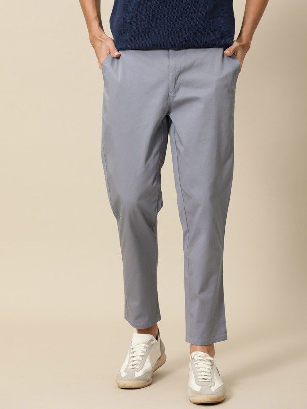 Men Tapered Blue Cotton Blend Trousers