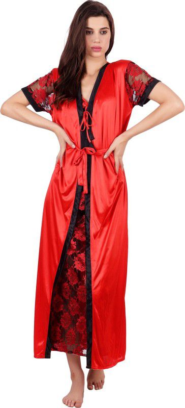 Women Nighty with Robe  (Red)