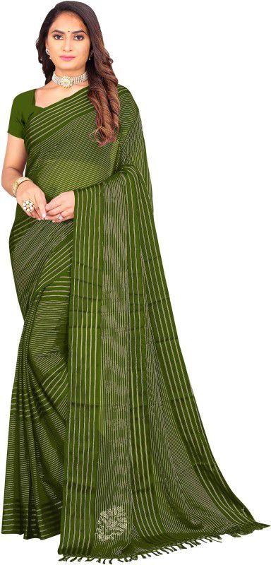 Striped Daily Wear Crepe Saree  (Green)