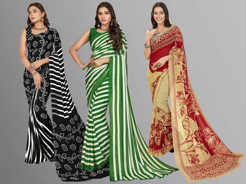 Ombre, Floral Print, Geometric Print, Paisley Daily Wear Georgette Saree  (Pack of 3, Multicolor)