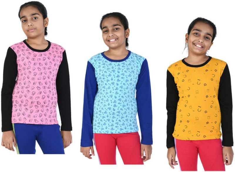 Girls Printed Pure Cotton T Shirt  (Multicolor, Pack of 3)