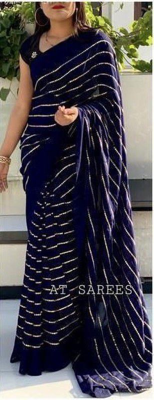 Striped Bollywood Dupion Silk, Art Silk Saree  (Dark Blue)
