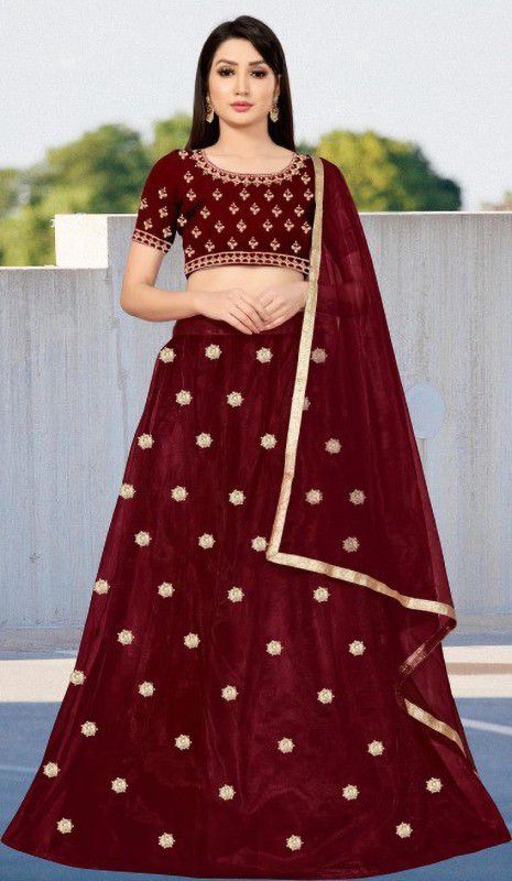 Embroidered Net Semi Stitched Anarkali Gown  (Maroon)