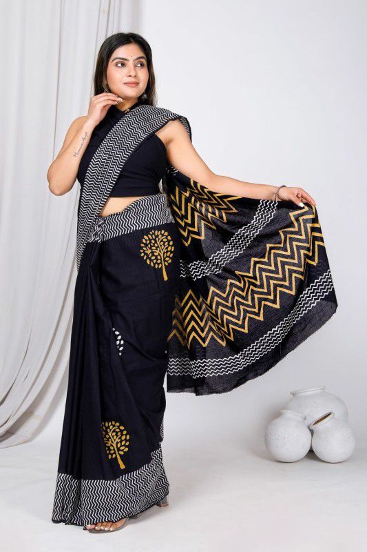 Printed, Color Block, Blocked Printed, Floral Print, Dyed Daily Wear Pure Cotton Saree  (Black)