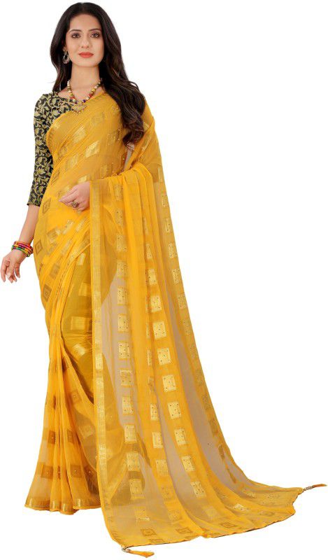 Woven, Temple Border Bollywood Chiffon Saree  (Yellow)