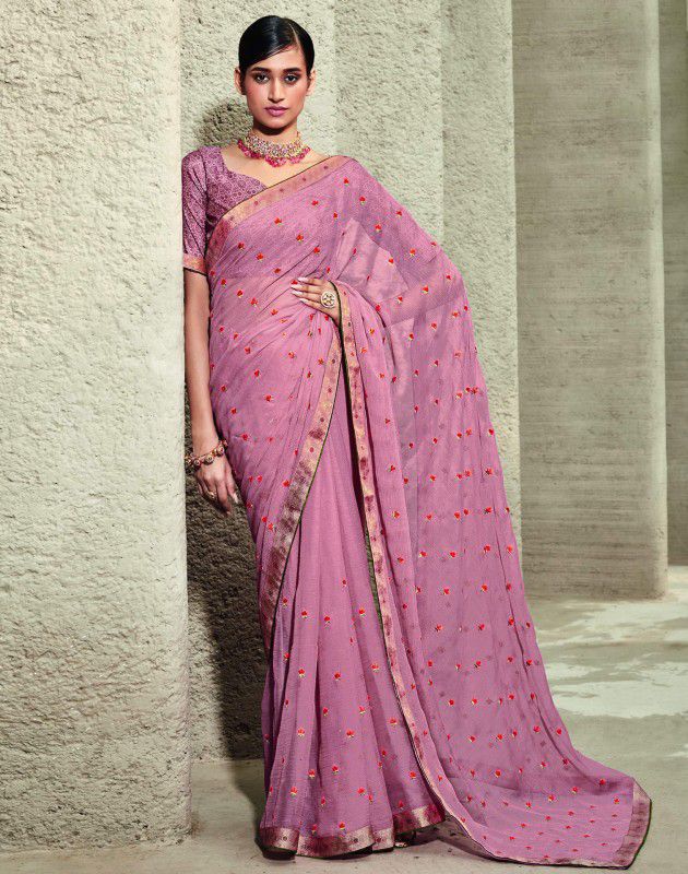 Embroidered, Dyed, Embellished, Self Design Bollywood Chiffon Saree  (Pink, Gold)