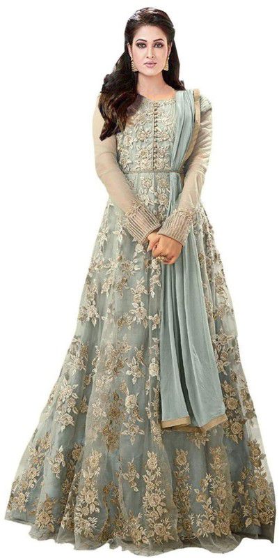 Embroidered Cotton Blend Semi Stitched Anarkali Gown  (Grey)