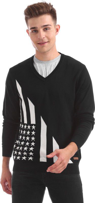 Men Solid V-neck Black Sweater