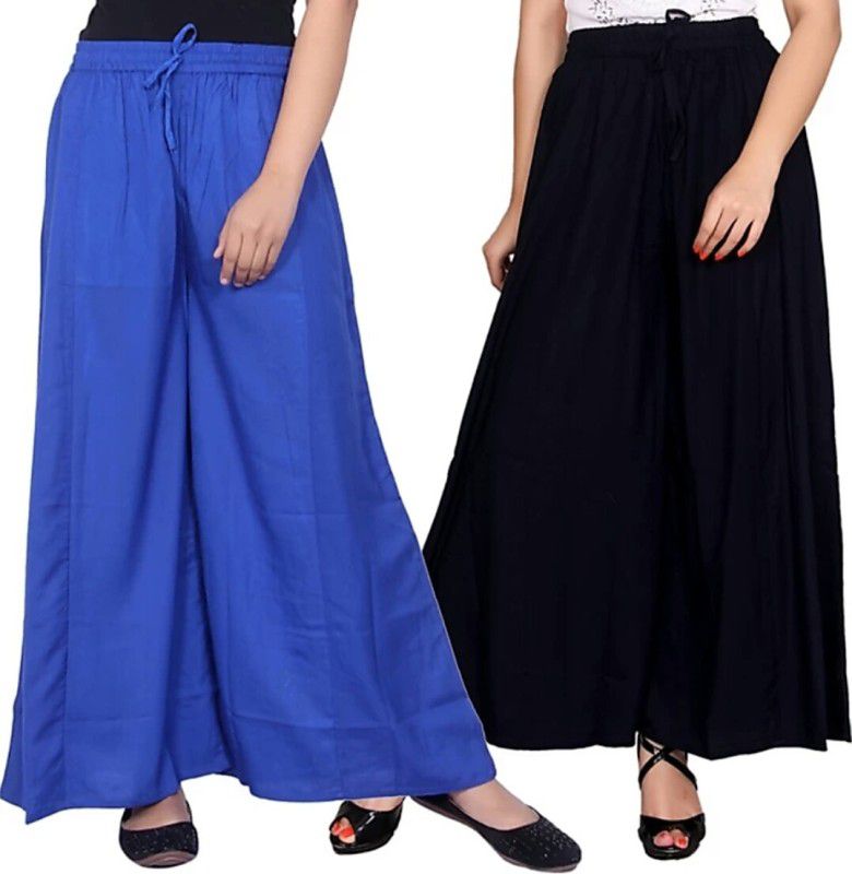 Pack of 2 Women Regular Fit Black, Light Blue Viscose Rayon Trousers
