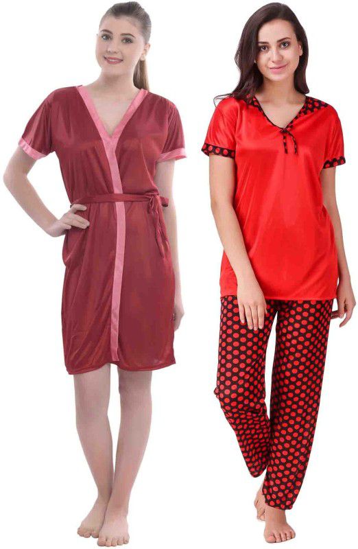 Pack of 2 Women Nighty with Robe  (Red)