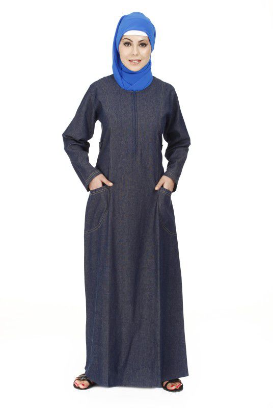 LA KASHA Women zipper front patch pocket Denim Solid Abaya  (Black, Blue)