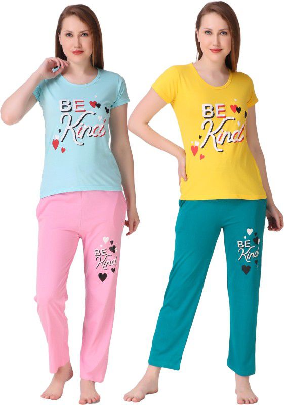 Women Top & Pyjama Set Multicolor Solid