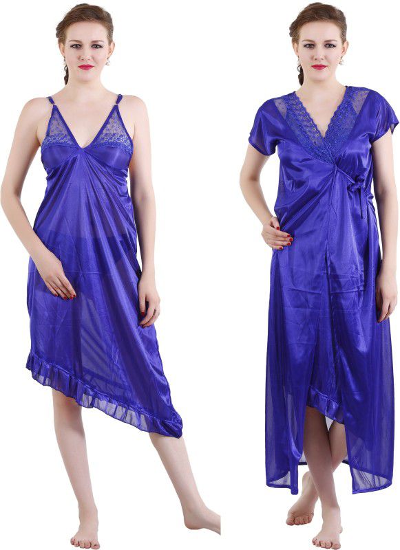 Pack of 2 Women Nighty with Robe  (Blue)