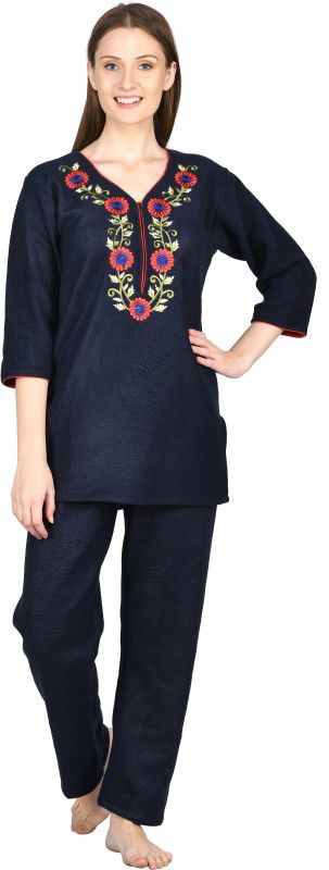 Women Night Suit Set Blue Embroidered