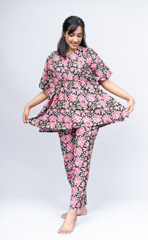 Women Top & Pyjama Set Black Floral Print
