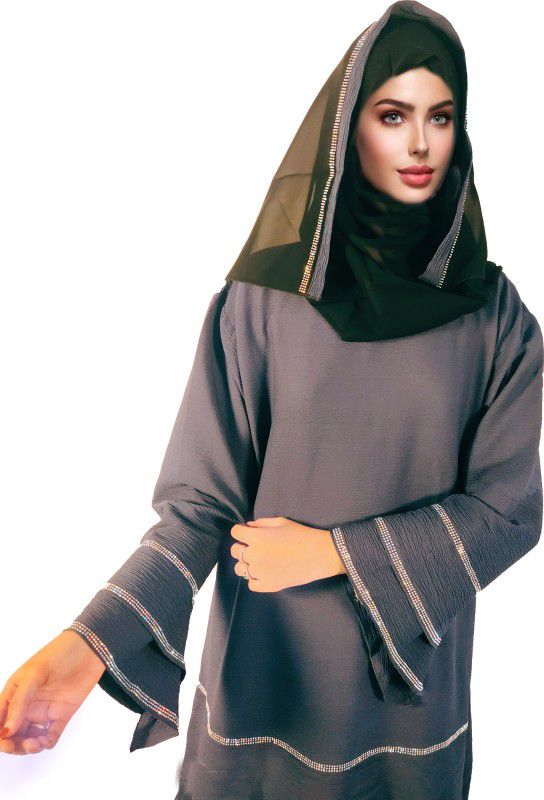L02 Grey Raw Silk Self Design Abaya With Hijab  (Grey)