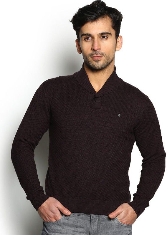 Men Self Design V-neck Maroon Sweater
