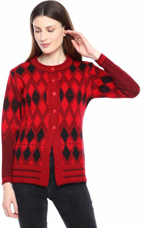 Women Self Design Round Neck Red Sweater