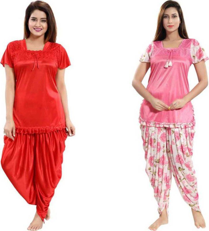 Women Night Suit Set Red, Pink Solid, Printed